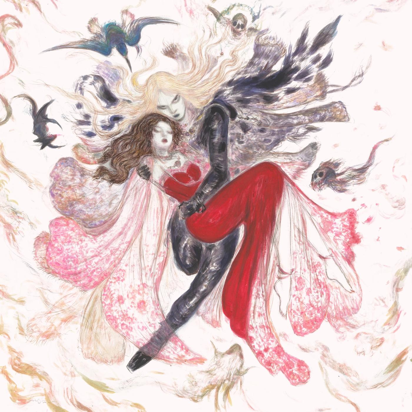 Pirouette album artwork: an illustrated couple in red and black embracing, surrounded by birds and swirling color