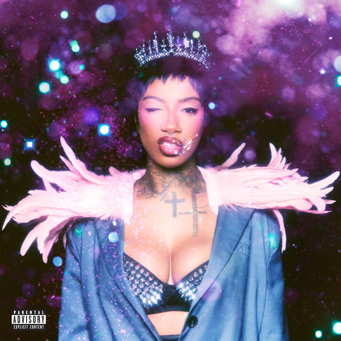 N5ON album cover: a woman in a tiara, pink feather collar and blue blazer against a purple glitter background