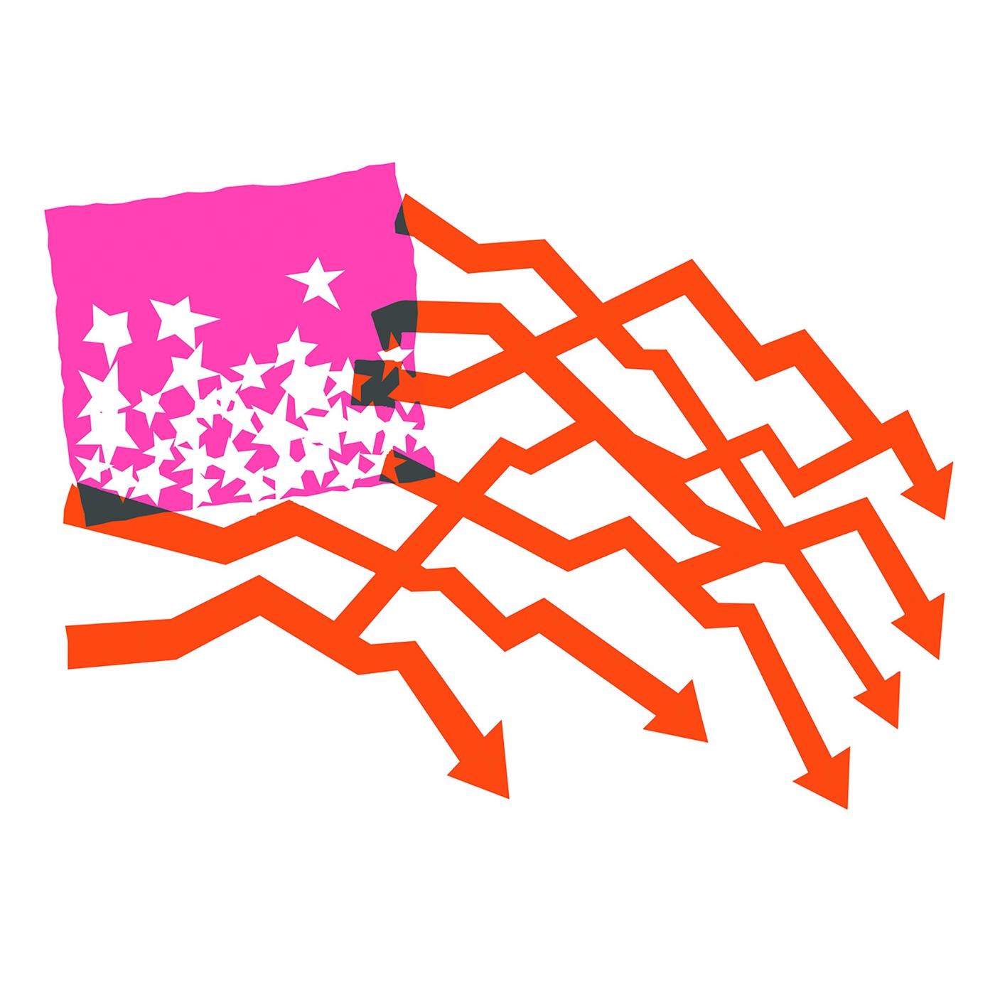 ZIRP! album cover: an American flag drawn with a pink star field and orange stock-chart arrows for stripes, all crashing downward on white.