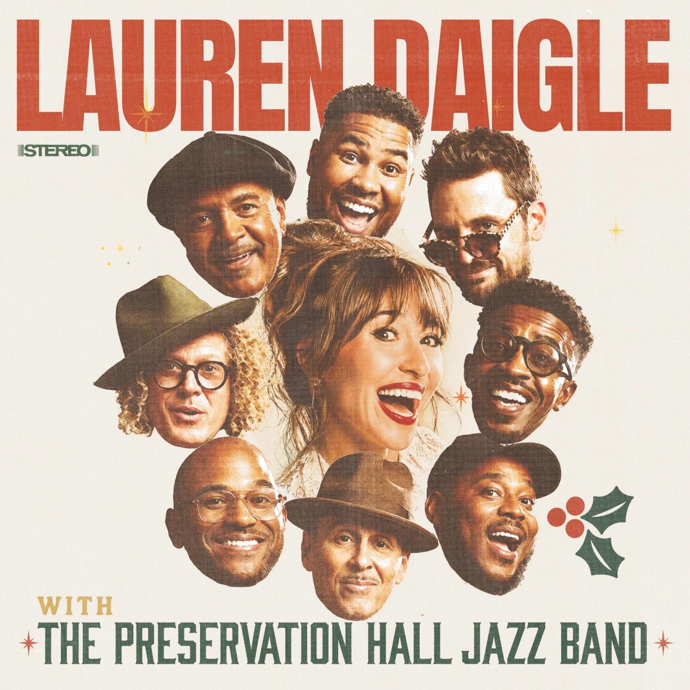Christmas single art: Lauren Daigle smiling among the members of The Preservation Hall Jazz Band, under a red title with holly