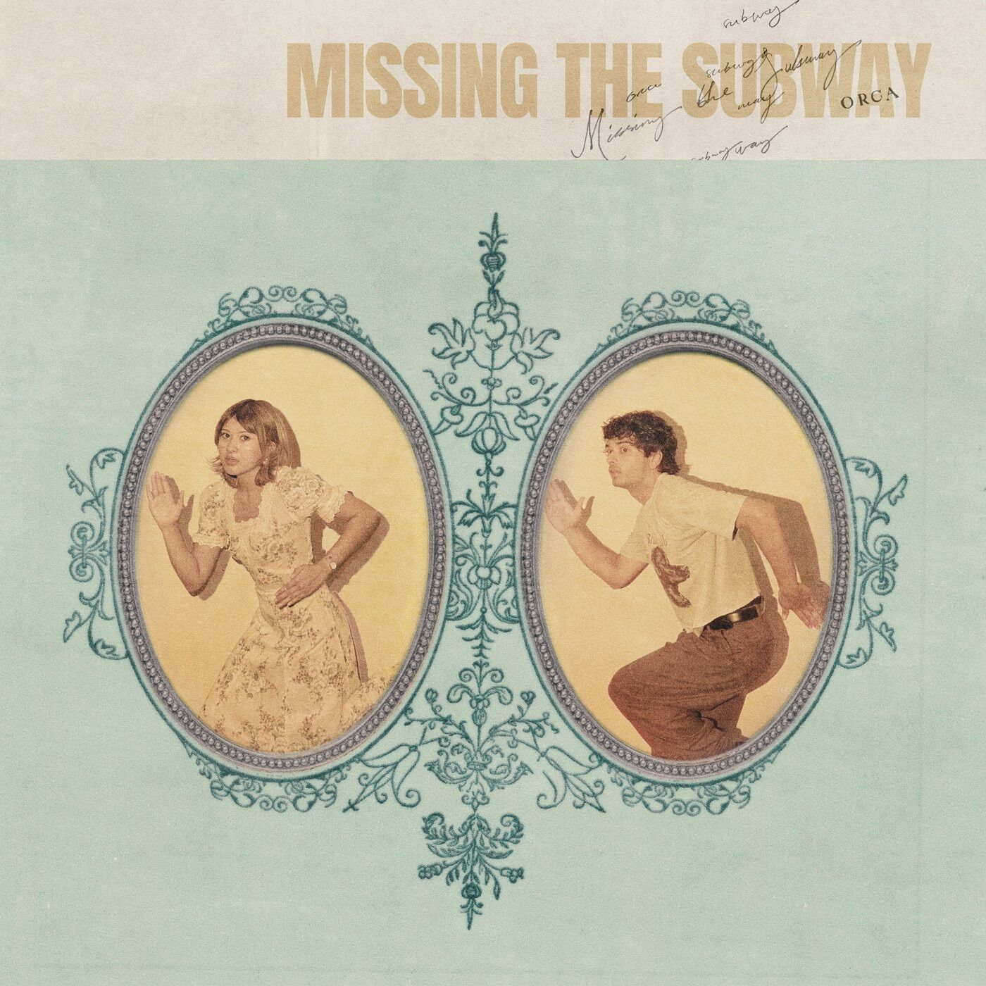 Single artwork for Orca's Missing the subway, two oval portraits in an ornate frame on a pale green background