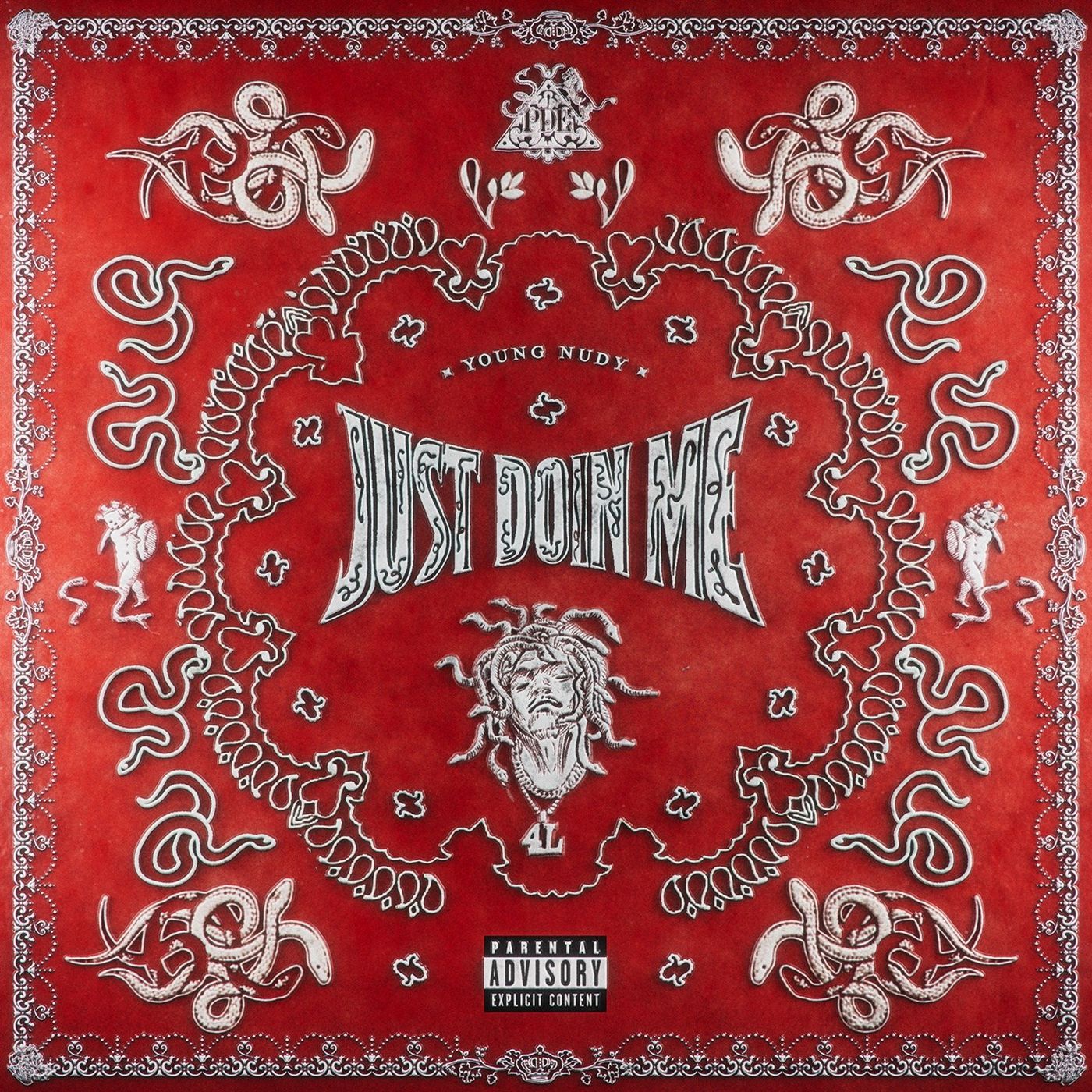 Just Doin Me album cover: red bandana pattern with white snakes and the words Young Nudy and Just Doin Me around a drawing of a face at the center