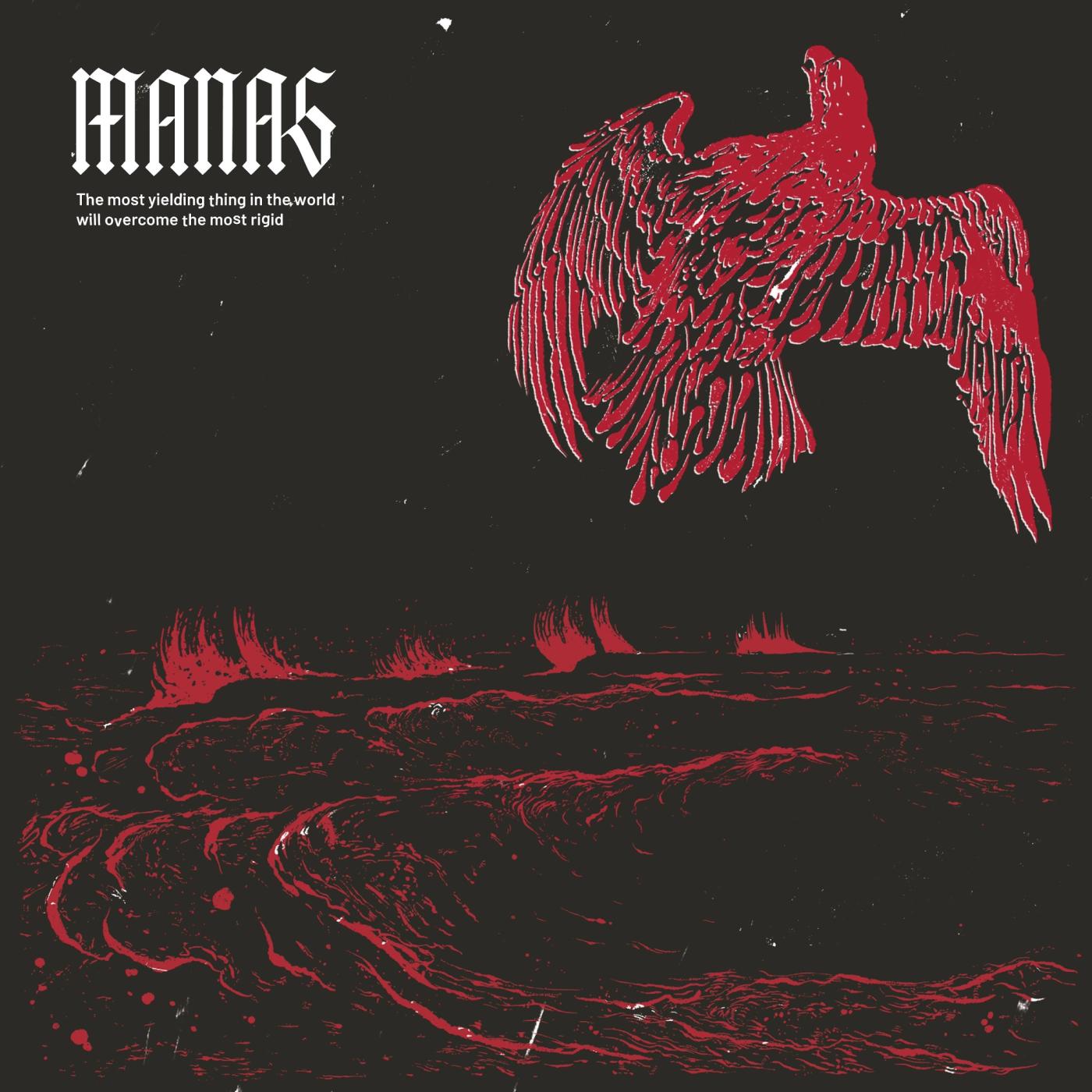 A red bird above a red-lit landscape on black, with MANAS lettered at top left of the album cover