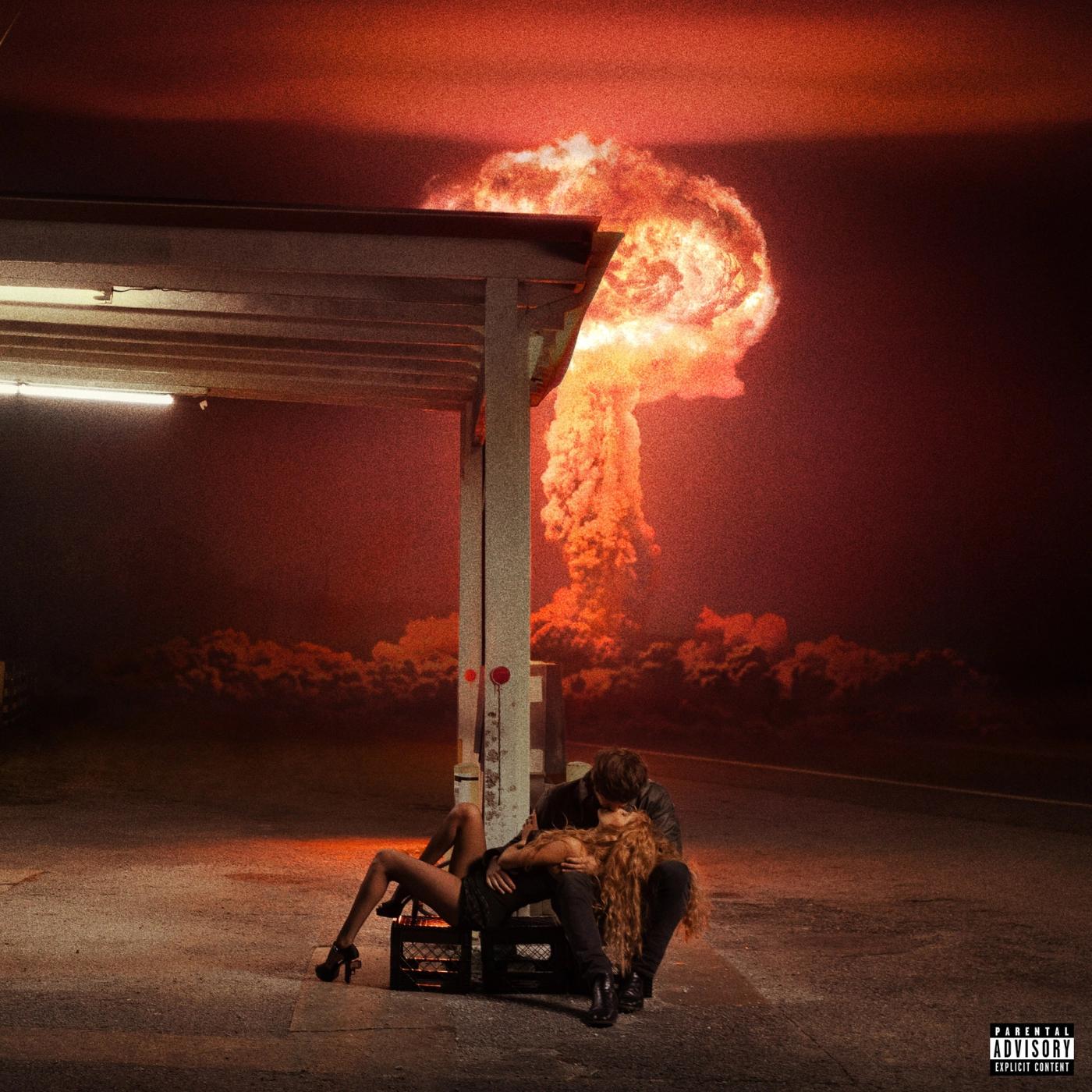 Love Ain't For The Faint Of Heart album artwork: a couple embracing on milk crates under a gas station canopy at night as a mushroom cloud glows red behind them