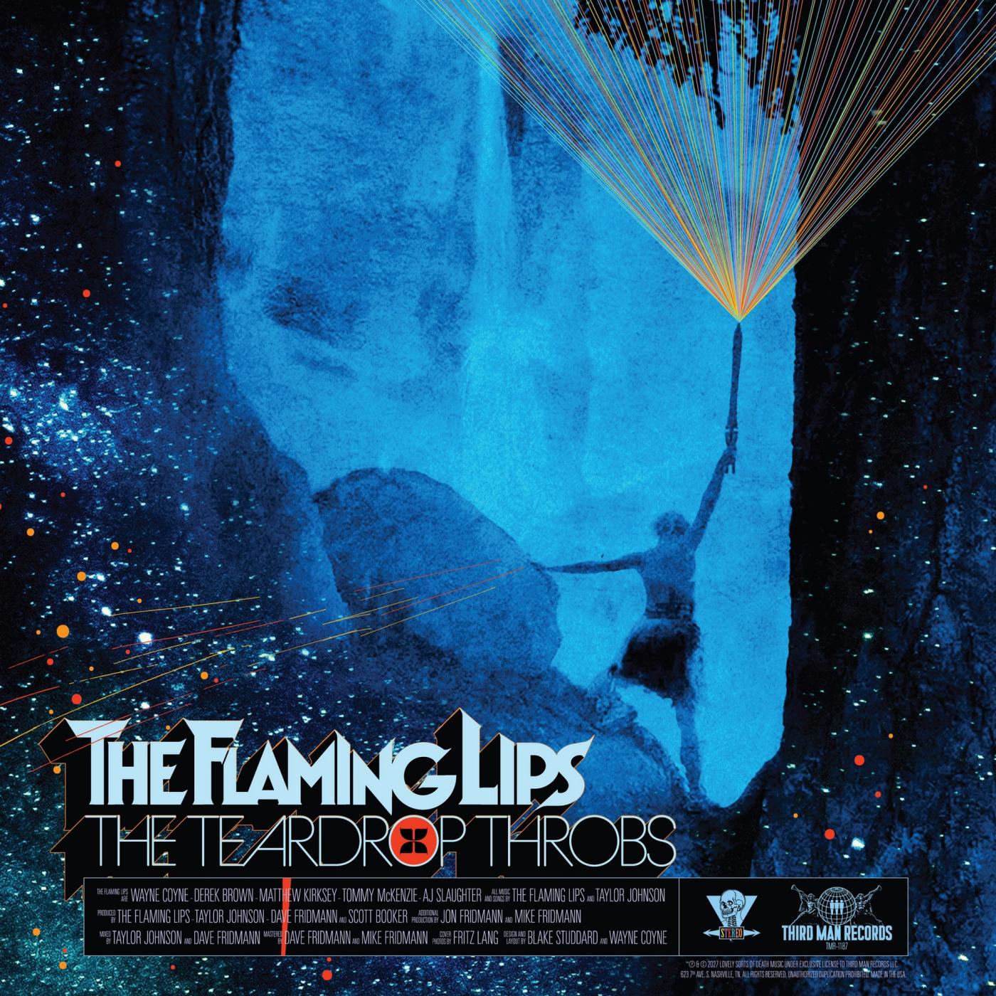 The Teardrop Throbs album artwork: a figure raising a torch of rainbow light inside a glowing blue cave, with the band name and title below
