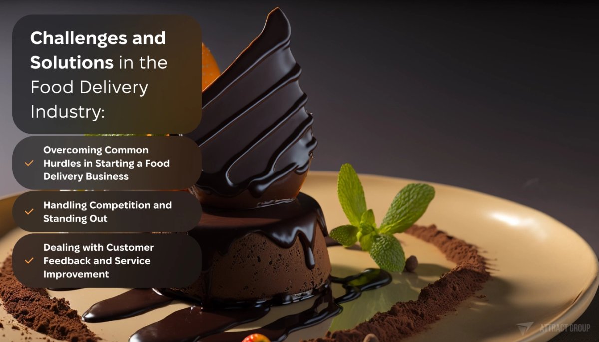 Challenges and Solutions in the Food Delivery Industry checklist. Tasty cake n the background.