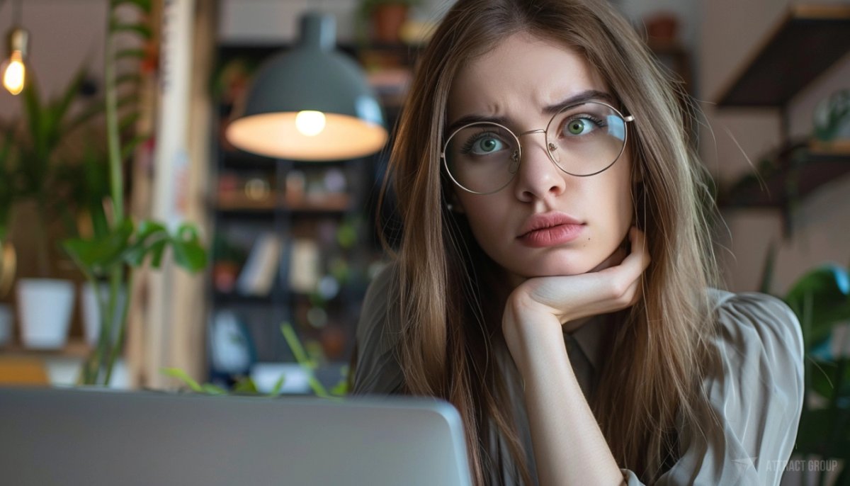 A young woman with long, straight brown hair and green eyes, wearing large round glasses and a grey blouse