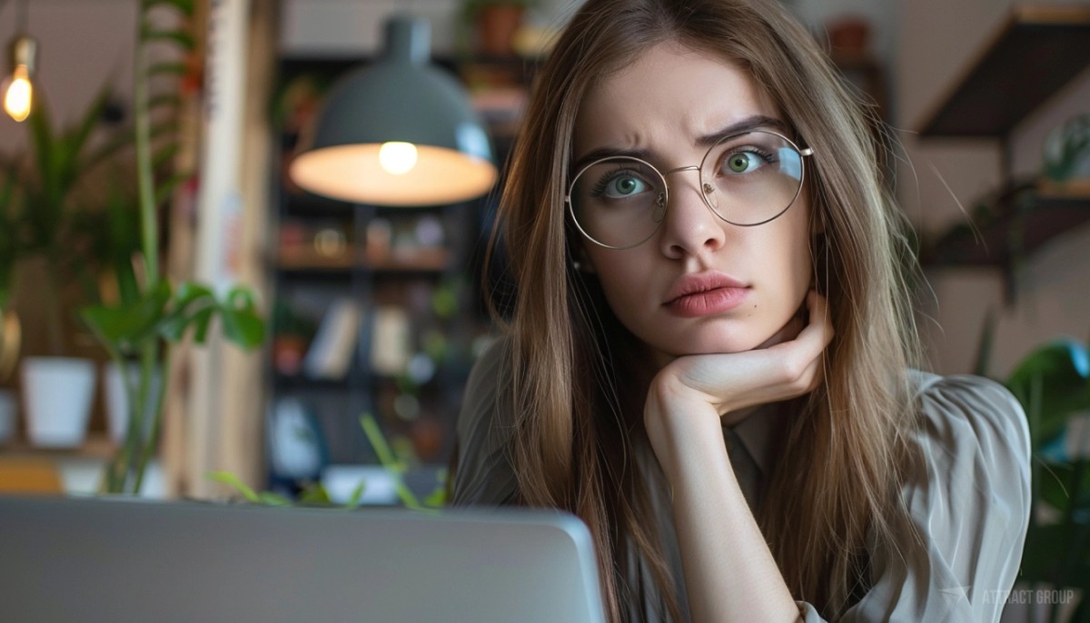A young woman with long, straight brown hair and green eyes, wearing large round glasses and a grey blouse