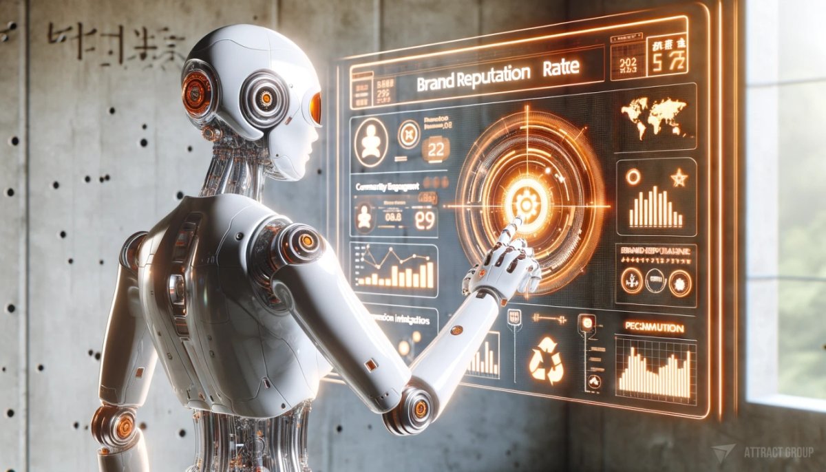 A shiny white cyborg is interacting with a complex orange holographic interface