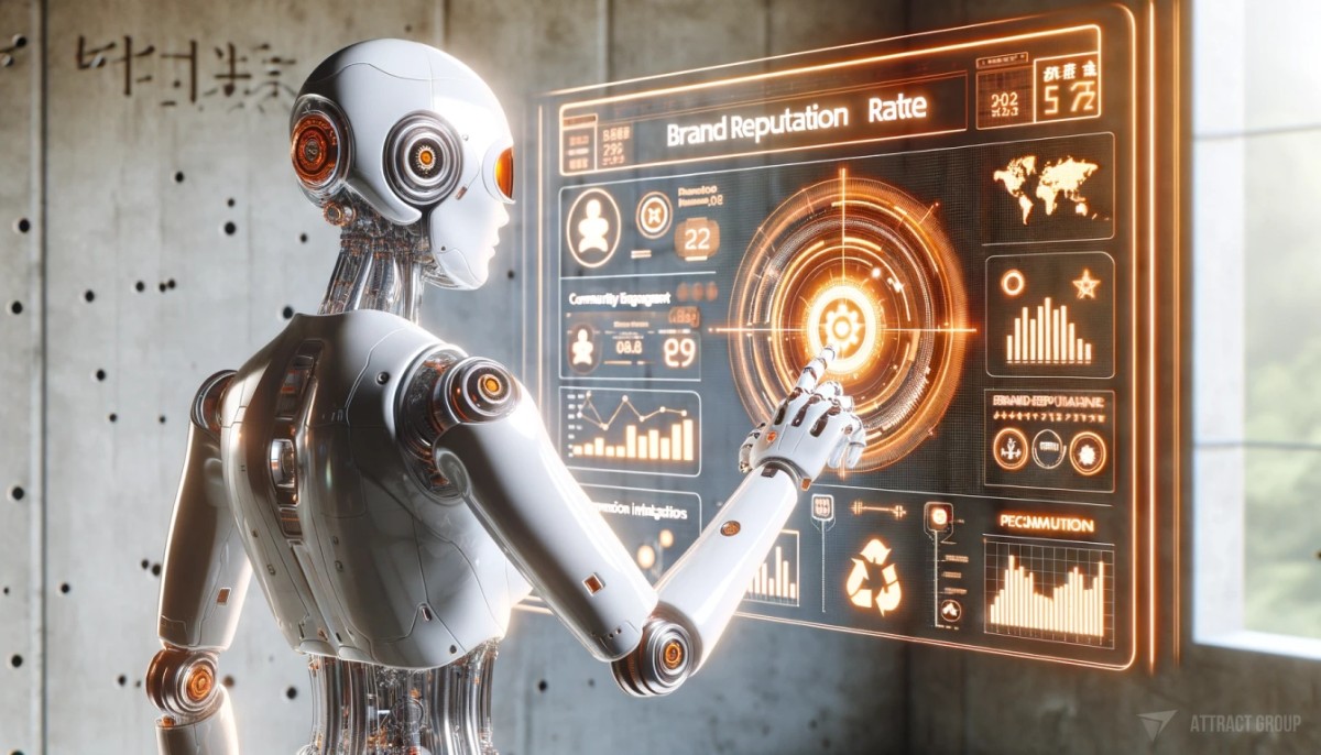 A shiny white cyborg is interacting with a complex orange holographic interface