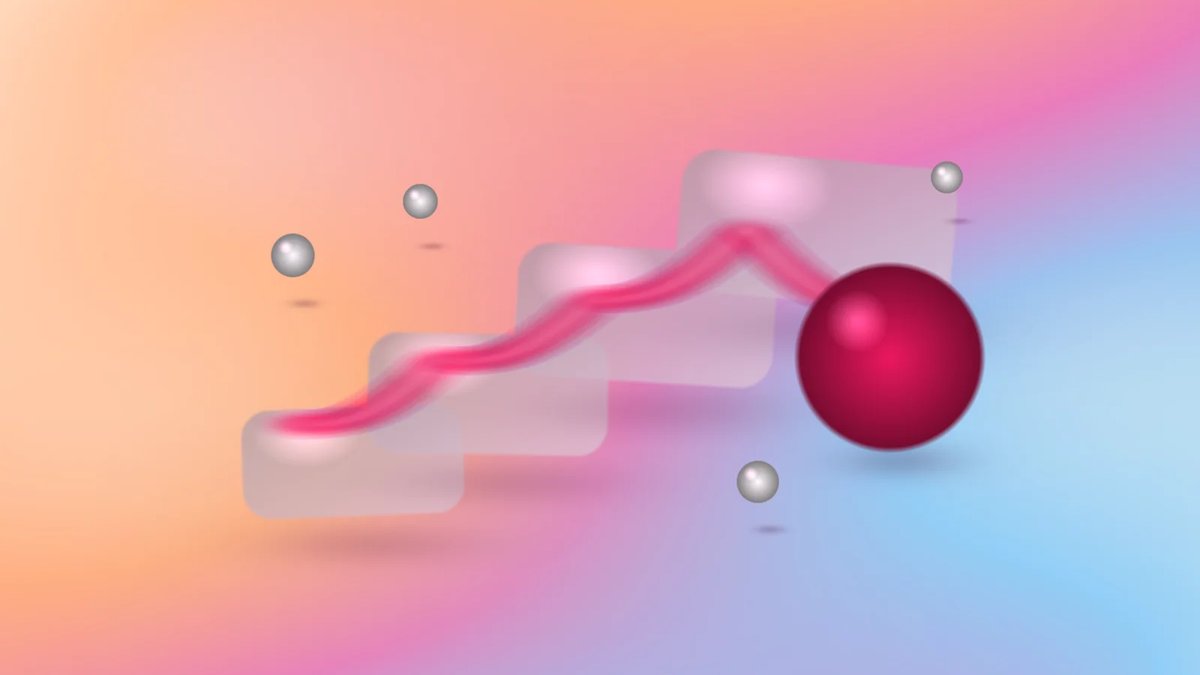 Abstract ascending agile delivery blocks connected by a crimson glass ribbon on a luminous aurora gradient.