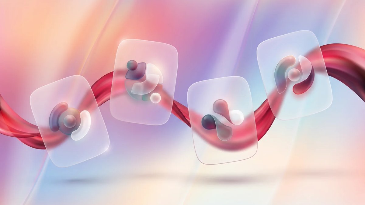 Abstract premium healthcare software map with connected frosted glass cards and a crimson ribbon on an aurora gradient background