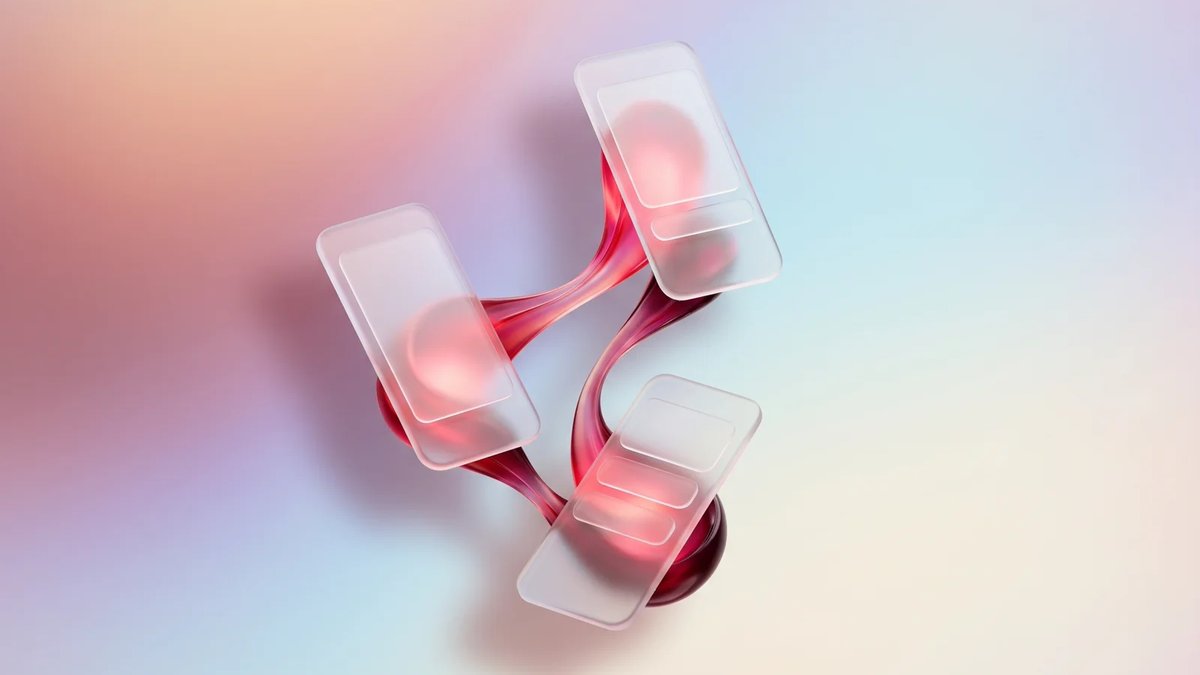 Abstract premium healthcare app development concept with layered dimensional mobile cards, a crimson core workflow form, and soft glass data paths on a luminous peach, rose, lavender, and sky-blue gradient background.