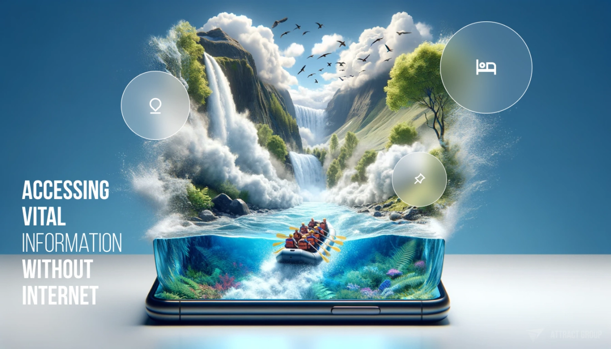 The image is a digital advertisement showcasing a smartphone with a display that extends beyond its physical screen, creating an illusion of depth. The screen vividly depicts an adventurous scene of whitewater rafting through a lush canyon with a dramatic waterfall. The visual effect makes it seem as if the raft and water are bursting out from the screen, emphasizing the app's immersive experience. Above the image, the text "ACCESSING VITAL INFORMATION WITHOUT INTERNET" suggests a key feature of the app, likely indicating offline functionality. The phone is set against a sky background, and there are three floating icons around the phone, possibly representing app features or navigation buttons.The overall design conveys the app's ability to provide users with engaging content and essential details even when they are not connected to the internet.