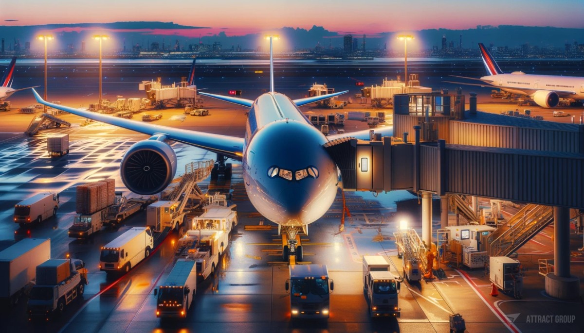 Adhering to Safety Standards and Cleaning Regulations. A commercial airplane during twilight at an airport. The airplane is docked at a gate surrounded by ground support equipment, including a jet bridge, cargo loading vehicles, and fueling services. The plane's body is reflective due to the lighting conditions. The background sky shows shades of blue and pink from the setting or rising sun, with silhouettes of other airplanes and airport structures. The bustling activity on the ground is evident as the aircraft is being prepared for departure or has just arrived.