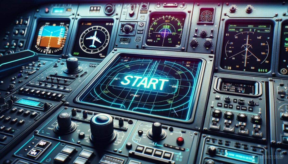 Aviation Training Efficacy. An aircraft cockpit with a central console and pilot's controls.