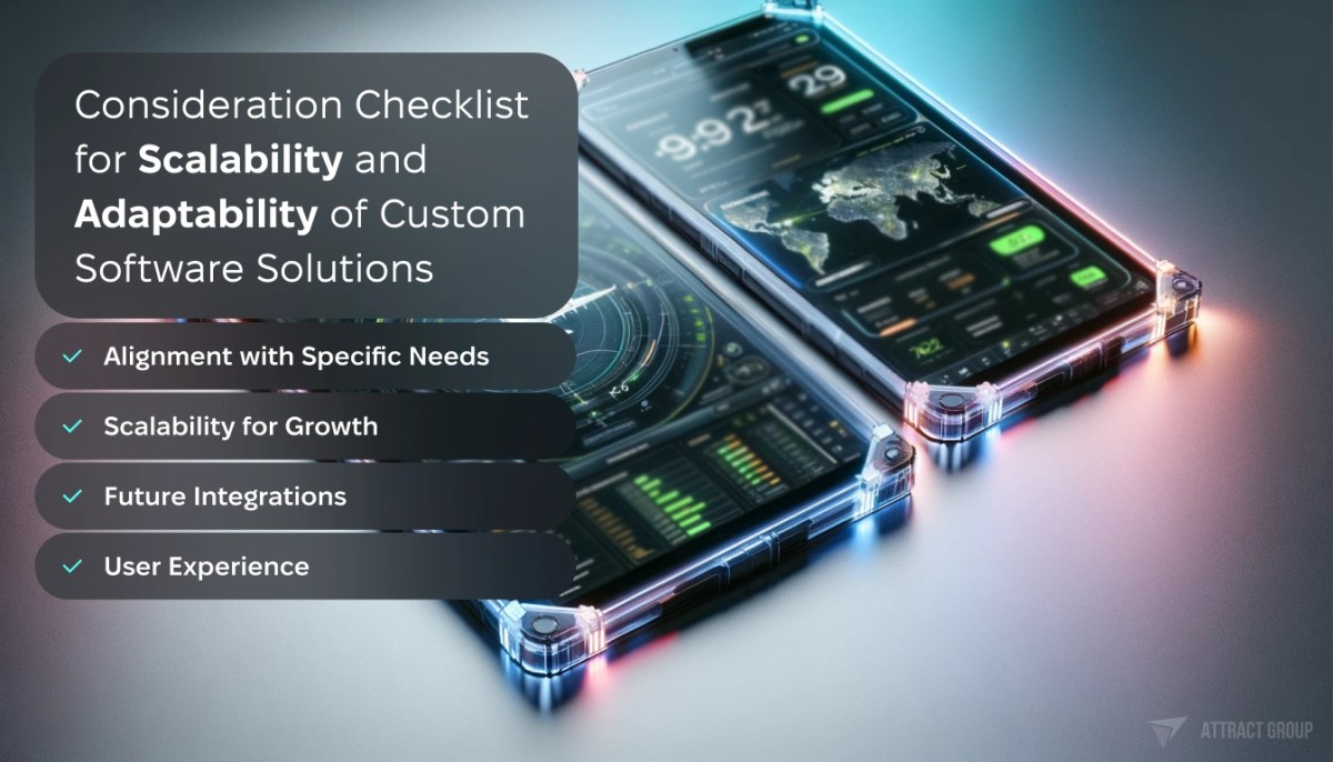 Consideration checklist for Scalability and Adaptability of Custom Software Solutions.
Tablets are designed with transparent plastic edges and neon accents, giving off a futuristic vibe.