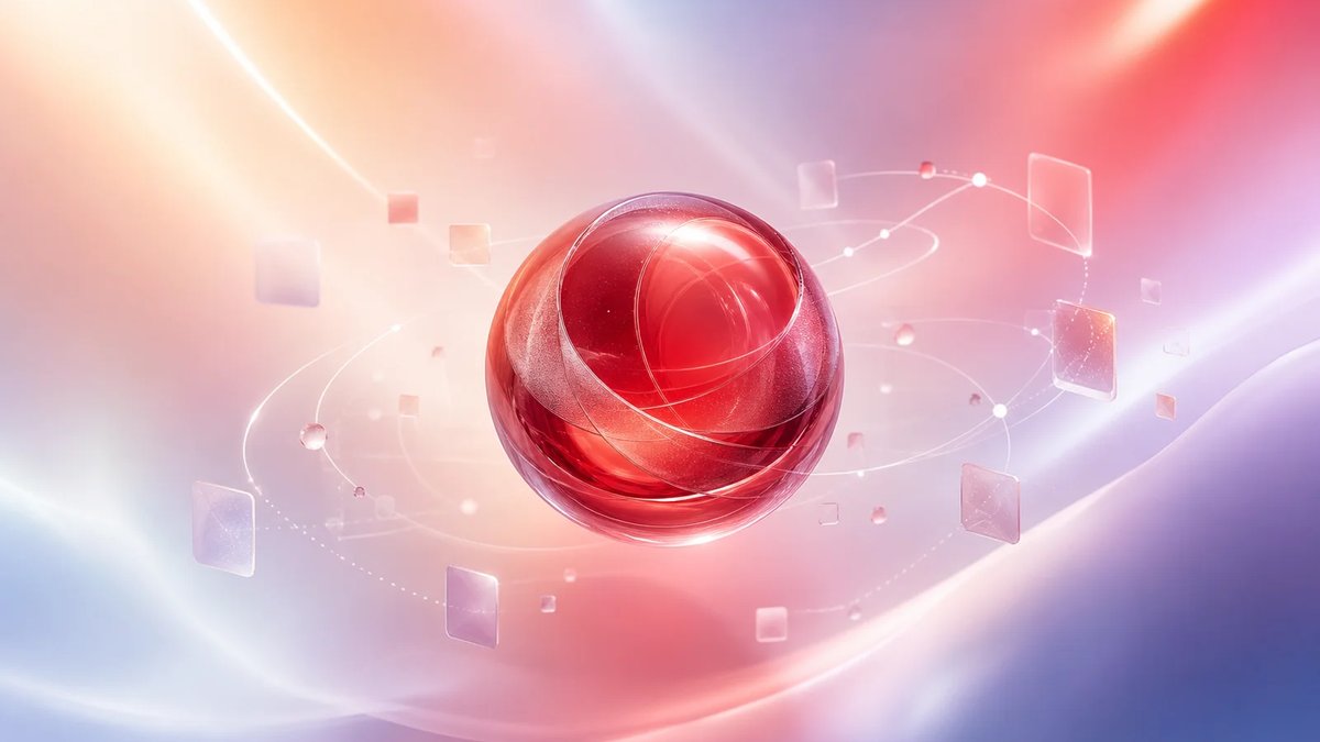 Abstract crimson healthcare analytics lens with translucent data tiles on a warm aurora gradient