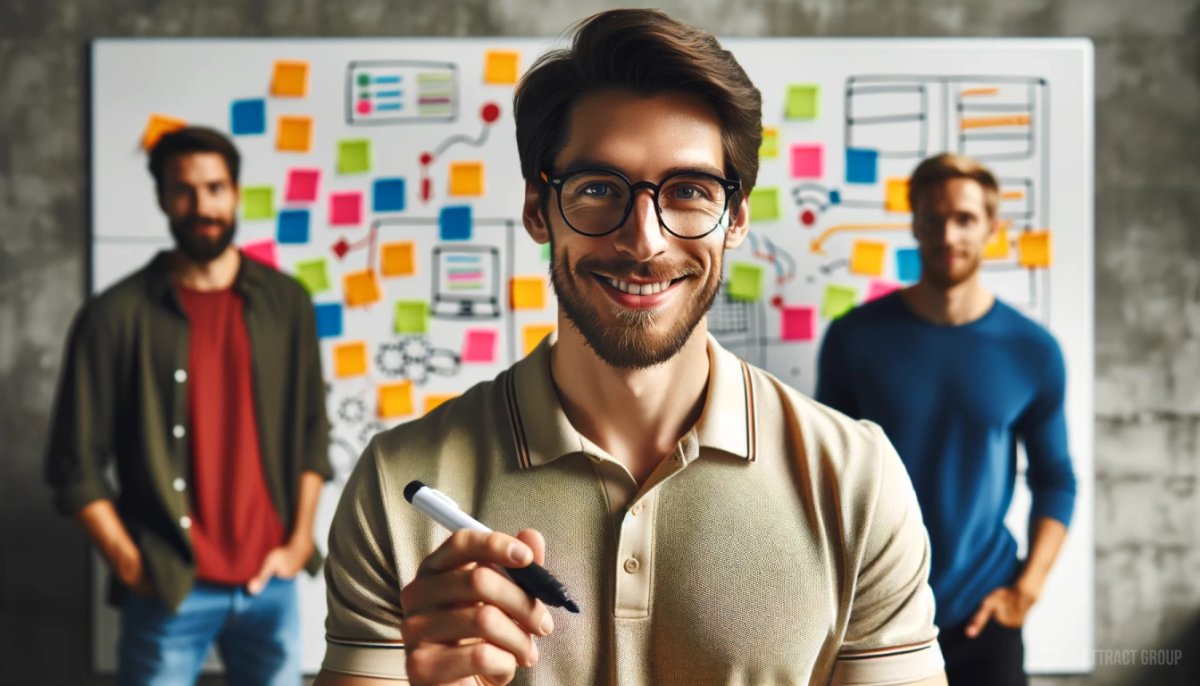Primary Functions and Advantages of POC in Software Projects. A diverse group of individuals in front of a whiteboard adorned with colorful sticky notes. 