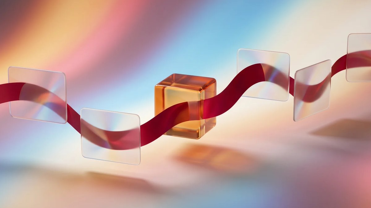 Abstract EHR software development concept with connected frosted cards and crimson integration ribbon