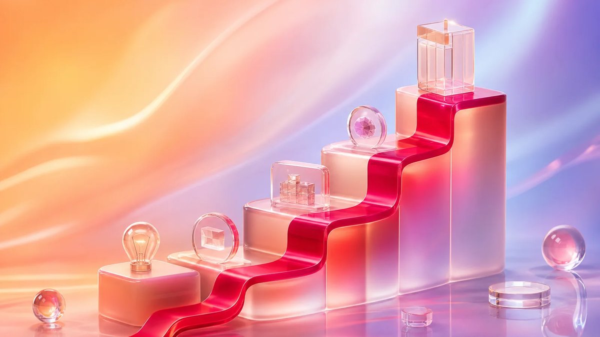 Abstract app funding milestones rising as glass blocks with a crimson path on a luminous multi-color gradient background.