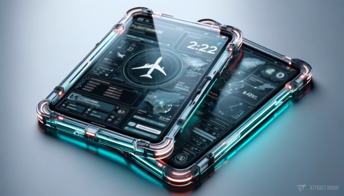 Integration with Air Traffic Control and Weather Services.
Two tablets side by side. The first tablet has a display of the FlightAware application, while the second tablet shows the Flightradar24 interface. Both tablets are designed with transparent plastic edges and neon accents.