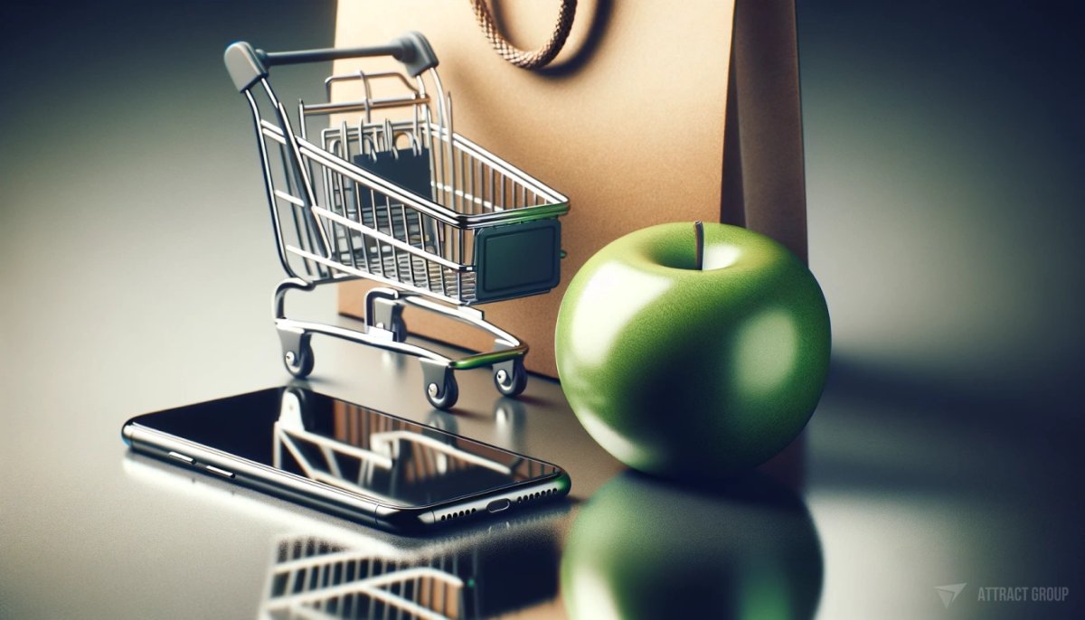 Centralizing the Role of Technology Teams for Streamlined Integration. Shopping bag and a metal cart placed on a matt reflective surface.
