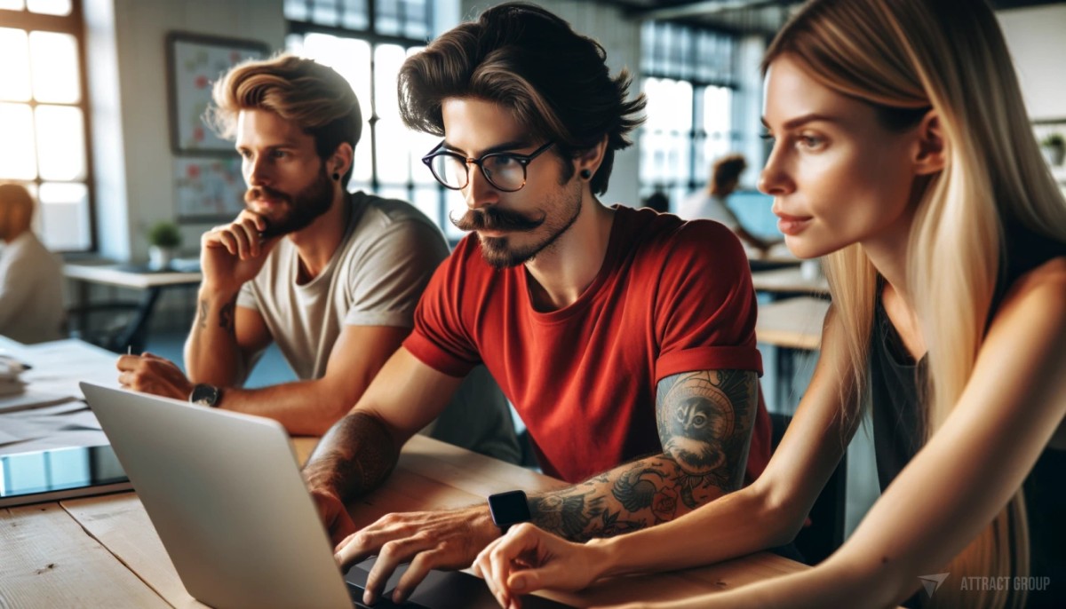 UX designers play a crucial role in mobile app development. A modern, casual office environment where three people are collaborating. In the center, a man with a mustache, wearing a red T-shirt. On the left, a person with glasses, viewed from the side, is focused on a laptop screen. On the right, a woman with long blonde hair and a black top.