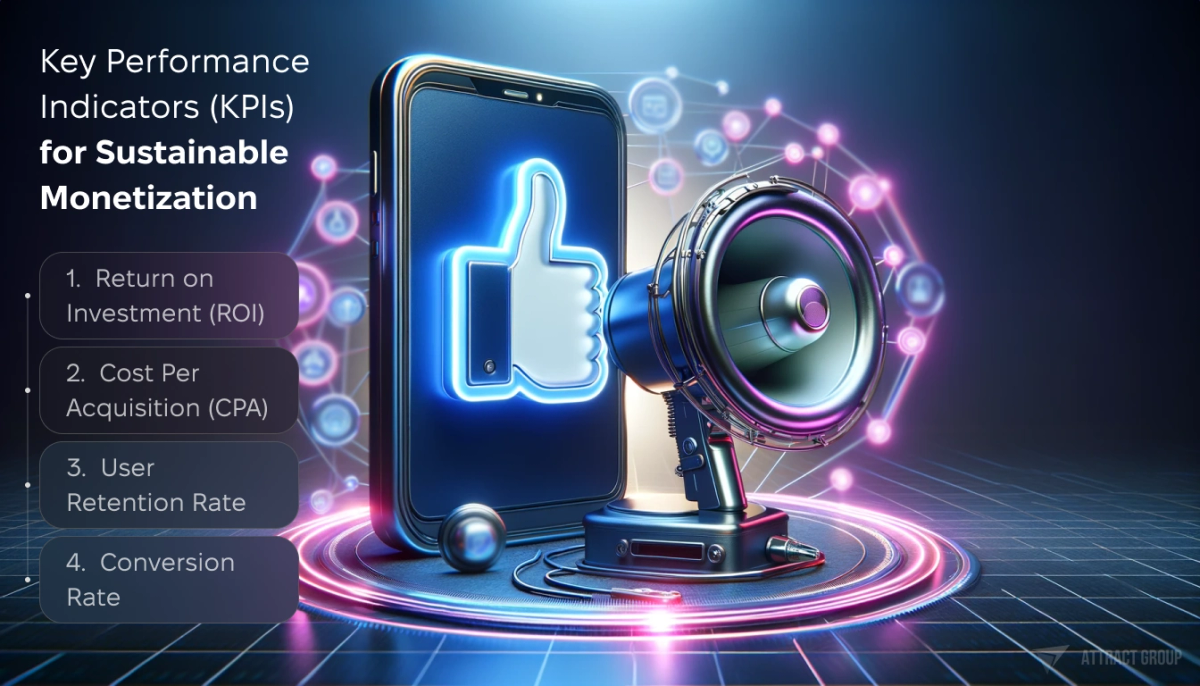 Illustration for Key Performance Indicators (KPIs) for Sustainable Monetization. A like icon merged with a modern smartphone, positioned near a high-tech megaphone. The setting is futuristic, highlighted by neon lights. The image should showcase highly realistic textures, with a sharp focus on the details of the like icon-smartphone hybrid and the megaphone, both featuring sleek, advanced designs. The neon lights add to the ambiance of innovation and technology. 