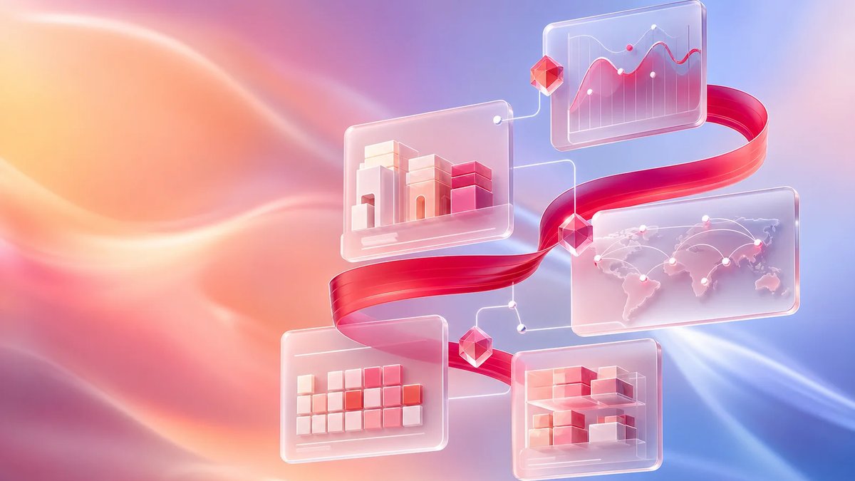 Frosted glass supply chain planning cards connected by a crimson ribbon on a warm and cool aurora gradient background