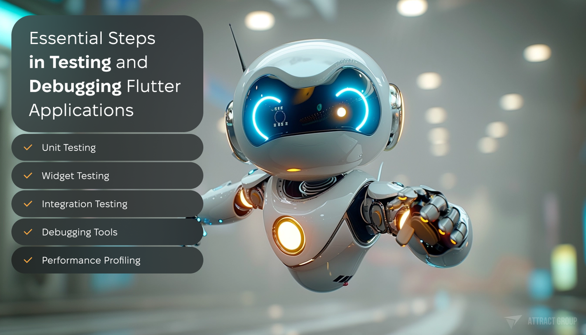 Essential Steps in Testing and Debugging Flutter Applications list. Shiny white robot on the background.