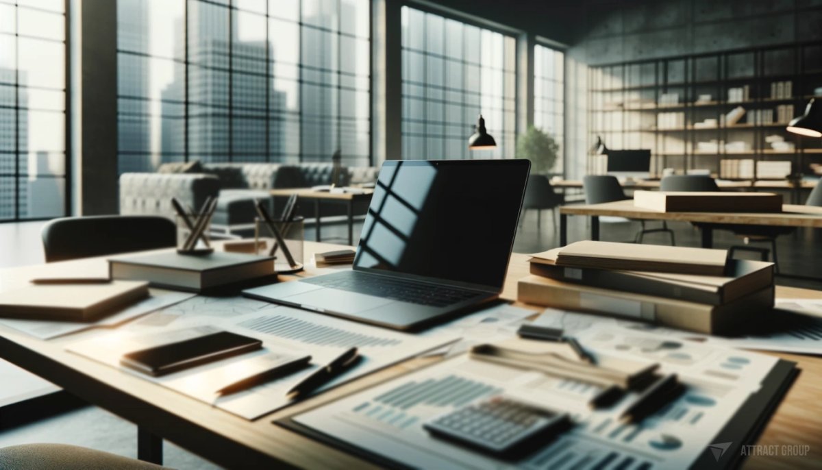 Documents, papers, and folders laid out near an open laptop on a desk.