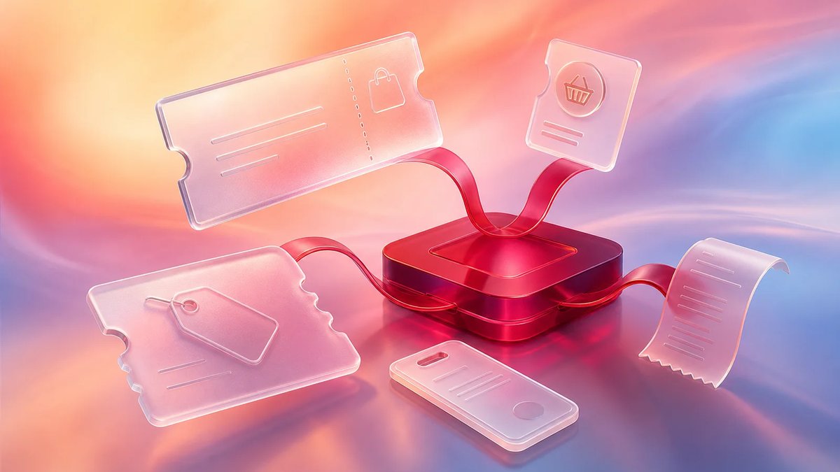 Abstract premium retail ticketing workflow with frosted glass tickets, receipts, passes, and crimson system ribbons converging into one platform.