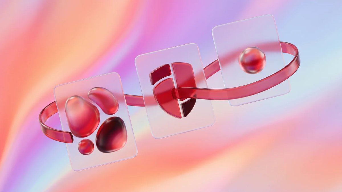 Abstract frosted-glass workflow cards connected by a crimson ribbon, representing mental health EHR software