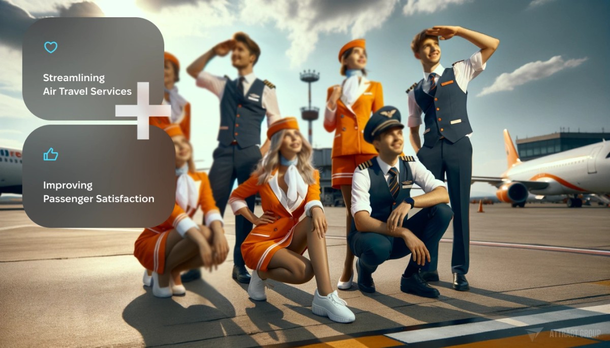 Streamlining Air Travel Services & improving passenger satisfaction.
A group of airline staff on an airport tarmac, composed of three women in bright orange outfits with white scarves and two men in pilot uniforms. The women are seated or kneeling, and one is standing, shielding her eyes from the sun. The men, one standing and one seated, wear dark vests, white shirts, and pilot caps. They all look cheerful. 