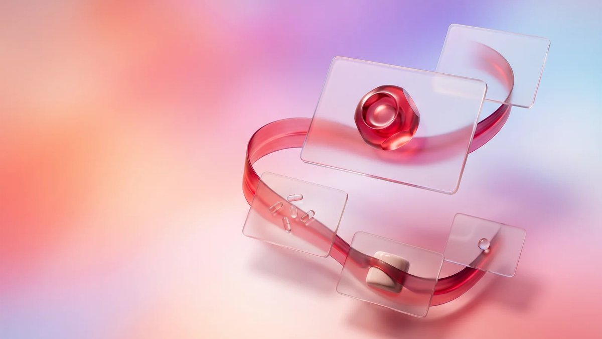 Abstract glass cards and crimson ribbon representing a clinical trial management system connected across trial software layers