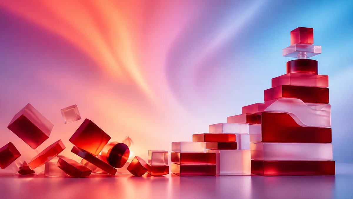Abstract dimensional software project rescue blocks stabilizing into a clean crimson and frosted glass stack