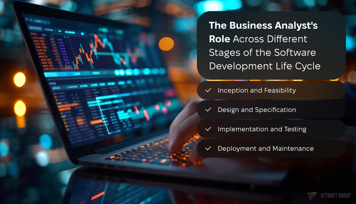 The Business Analyst's Role Across Different Stages of the Software Development Life Cycle checklist. Neon data on the laptop, graphs. 