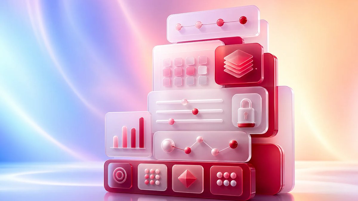 Abstract dimensional SaaS product design modules stacked into a polished crimson control hub on a warm cool aurora gradient.