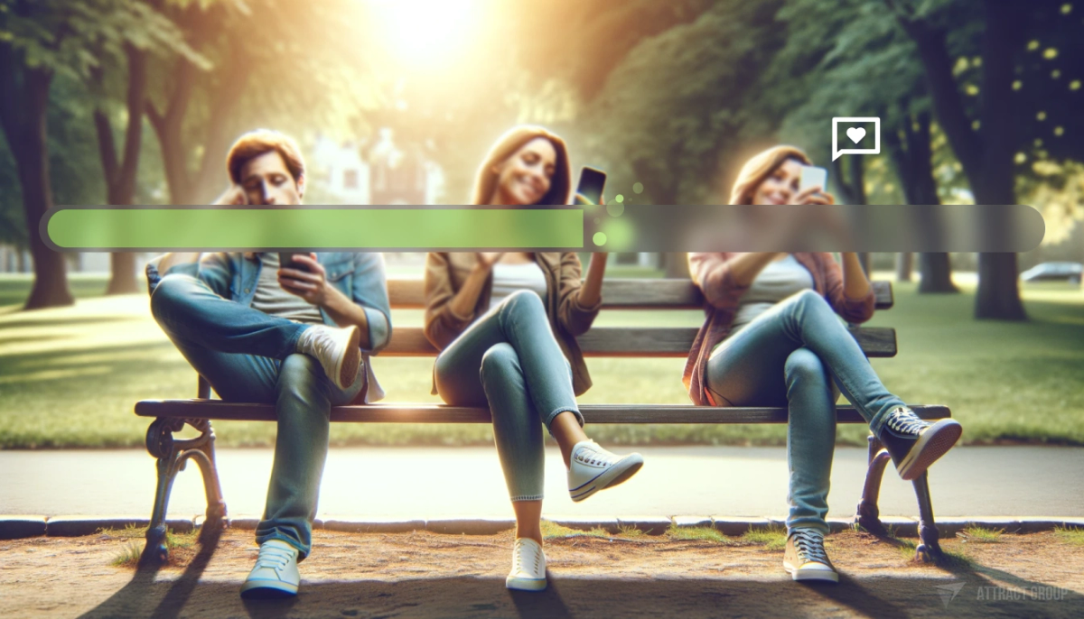 Utilizing Analytics for Mobile App Optimization. An image of three people sitting on a park bench, each engaged with their smartphones in different ways. The first person appears bored, simply scrolling through their phone. The second person is smiling, clearly amused by something they've seen on their smartphone. The third person is actively taking a selfie. The setting is a park with soft natural light, creating a serene and relaxed atmosphere. The depiction should capture the diverse ways people interact with their smartphones in a casual outdoor setting, highlighting the varied emotions and activities associated with smartphone use.