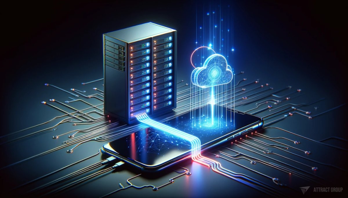 Illustration for By leveraging the benefits of cloud computing, developers and organizations alike have a bright horizon ahead, filled with possibilities for innovation, efficiency, and enhanced user experiences. A smartphone connected to a server. The connection should be visualized by neon light traveling along transparent wires, symbolizing data transfer and connectivity. The smartphone and server should be depicted with high realistic textures, emphasizing their sleek and modern designs. The neon lights should add a dynamic and technological feel to the scene, illustrating the concept of high-speed communication and advanced networking between the smartphone and the server.