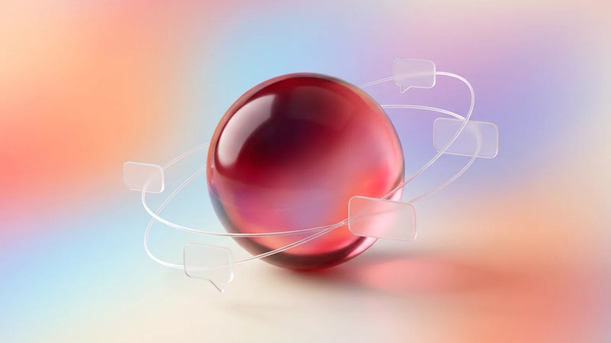Abstract crimson conversational AI core with frosted healthcare workflow cards on a luminous aurora gradient