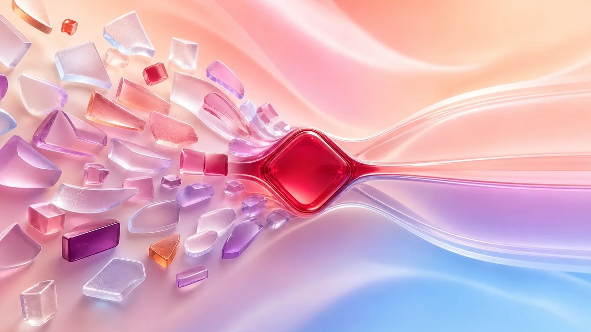 Abstract split-flow consulting paths converging into a crimson AI strategy core on a luminous aurora gradient background