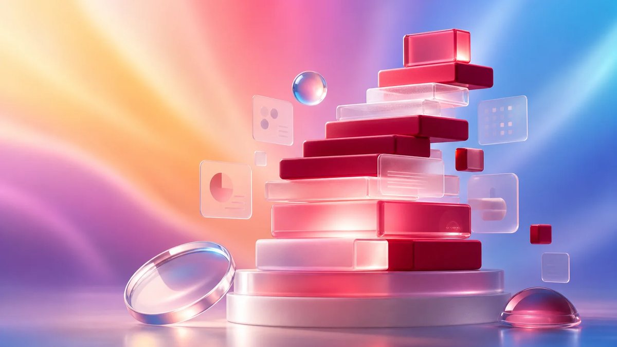 Abstract premium startup validation stack with frosted glass research cards and crimson blocks forming a clear market research plan.