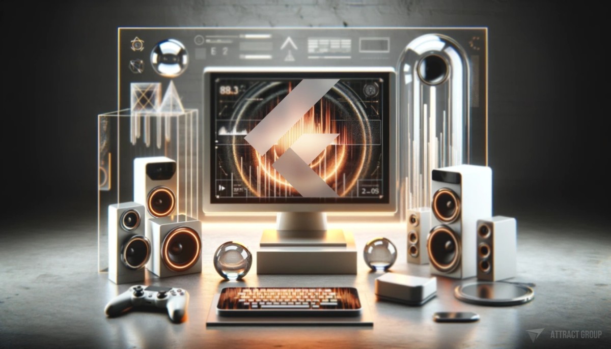 Future of Flutter in Desktop App Development. A modern workspace with futuristic electronic devices.