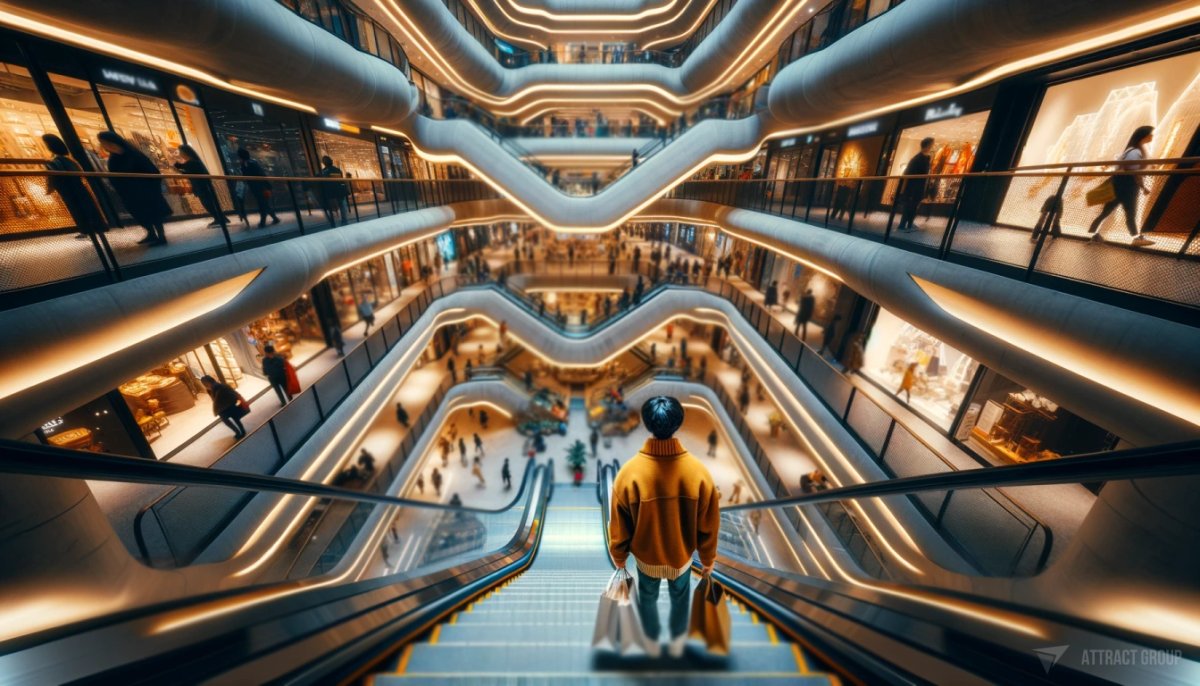 Employing Agile Methodologies for Efficient Digital Ticketing Deployments. A modern multi-level shopping center from the perspective of a person at the top of an escalator.