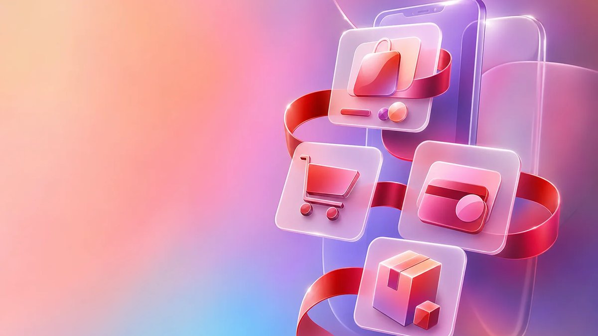 Abstract ecommerce app workflow cards connected by a crimson ribbon on a luminous multi-color gradient background.