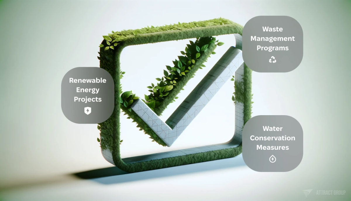 Illustration for Green Airport Initiatives. 3D check icon, inspired by eco-friendly themes. The icon is designed with highly realistic textures. With the text: Renewable Energy Projects, Waste Management Programs, Water Conservation Measures. 
