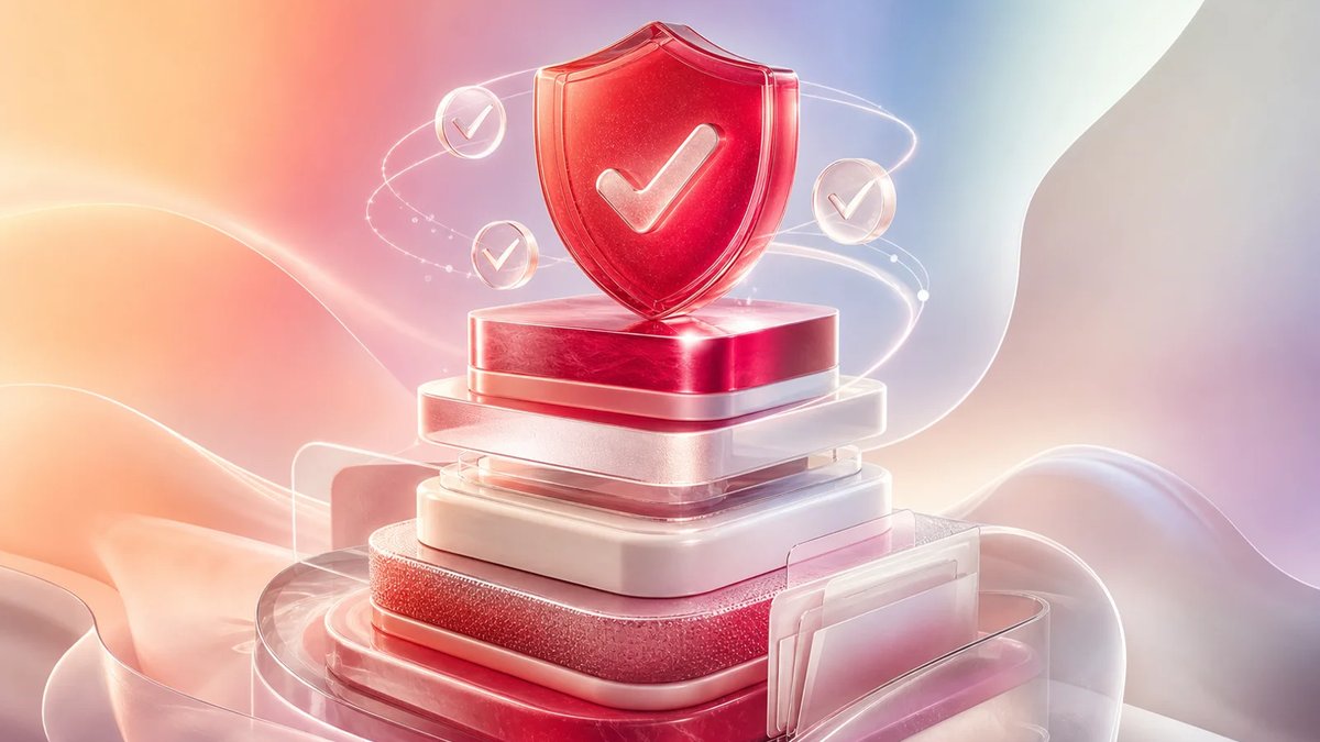 Abstract crimson verification shield on stacked glass modules over a luminous multi-color gradient.