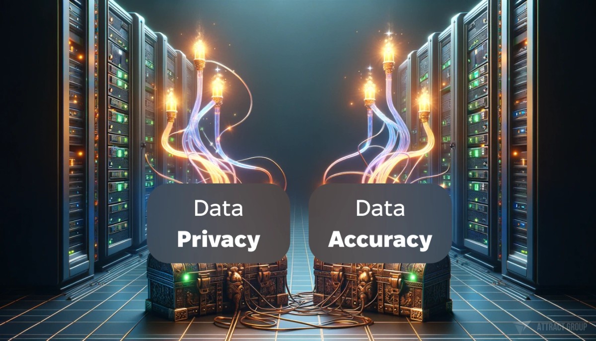 Data Privacy & Data Accuracy illustration. Render of two magical chests connected by wires and transparent tubes with neon lights to large servers. The chests should appear ancient and mystical, while the servers should have a modern, high-tech design. The wires and tubes act as conduits for magical energy or data, glowing with neon lights to symbolize the flow of information or power between the chests and the servers. The overall scene should blend elements of fantasy and technology, suggesting an enchanting and powerful network.